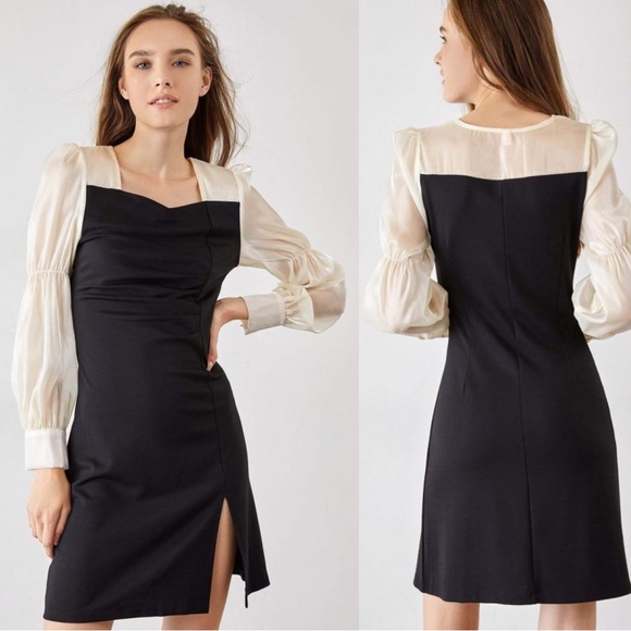 J.ING Black & White Shiny Iridescent Ivory Long Sleeve Ruched Dress Mini Dress M - Picture 6 of 17